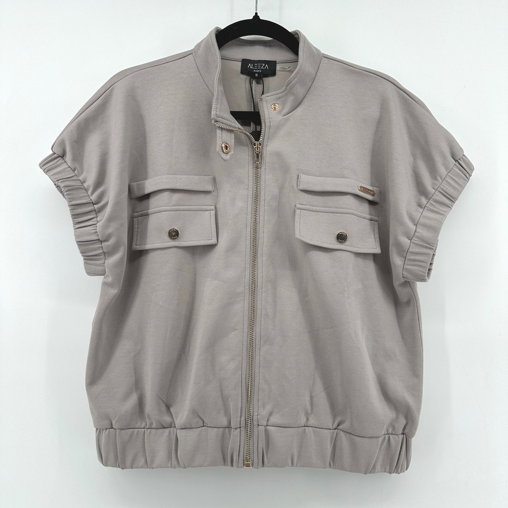 Aleeza Paris Dove Grey Short Sleeve Zip Up Bomber Jacket T185 Small NWT Soft